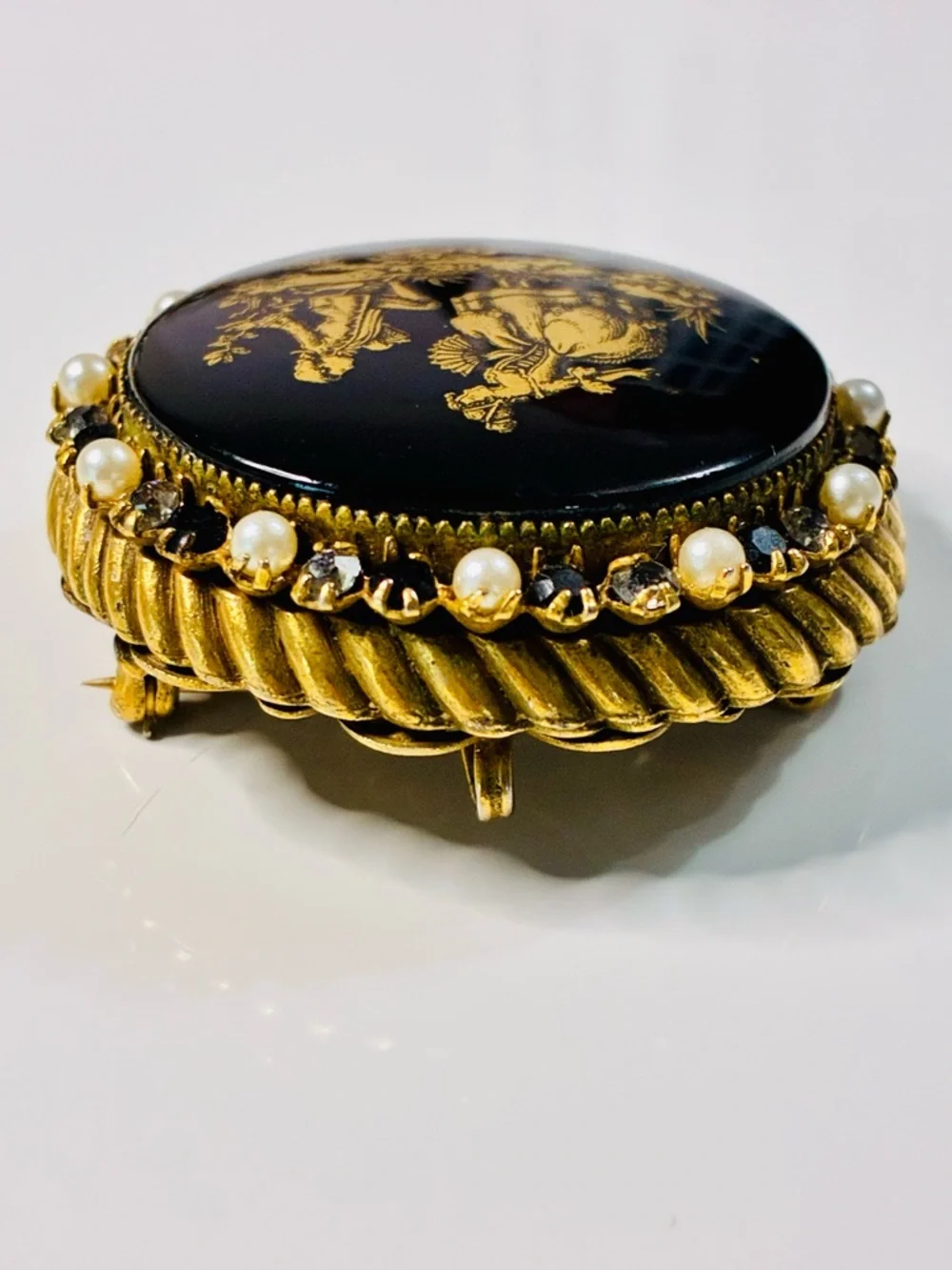 VTG Original By Robert Black and Gold Enamel Brooch with Pearls Courting Scene